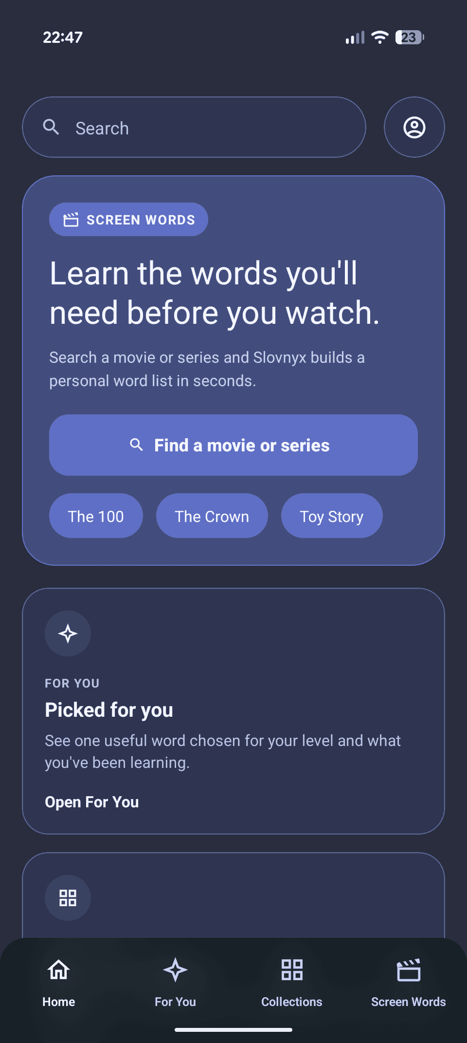 Slovnyx home screen with Screen Words feature
