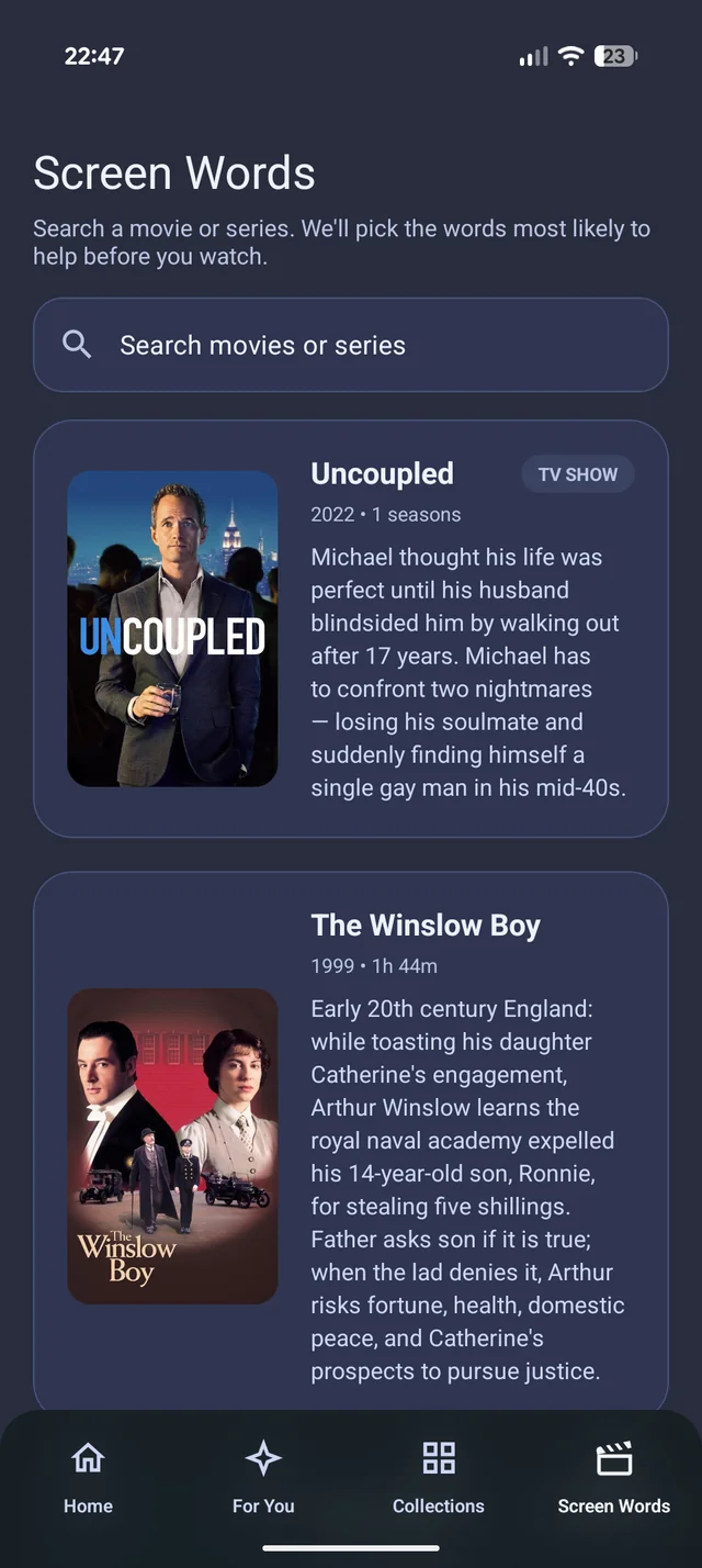 Movie and TV search results in Screen Words